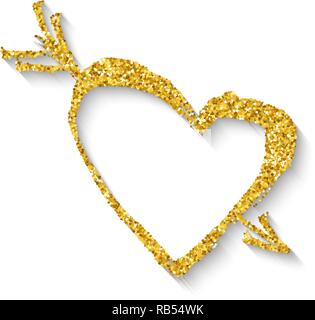 The gold heart is drawn by hand.  Heart with an arrow isolated on the white background. Hand drawn paint texture Valentine`s hearts. Vector design ele Stock Vector